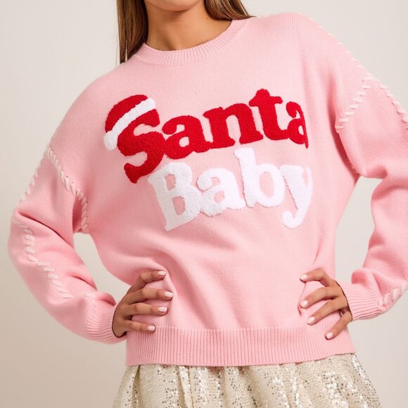 Premium Boutique SANTA BABY Pink Christmas Holiday Knit Sweater Puff Design NEW - Picture 8 of 11